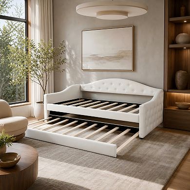 Lufeiya Twin Upholstered Daybed with Trundle, Tufted Velvet Sofa with USB Type-C Charging Ports