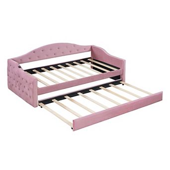 Lufeiya Twin Upholstered Daybed with Trundle, Tufted Velvet Sofa with USB Type-C Charging Ports