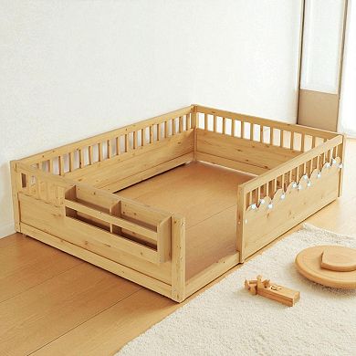 Lufeiya Full Size Montessori Floor Bed Frame with High Guardrails, LED Lights and Storage Shelf