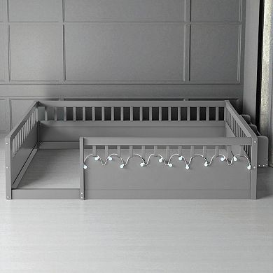 Lufeiya Full Size Montessori Floor Bed Frame with High Guardrails, LED Lights and Storage Shelf