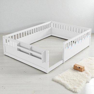 Lufeiya Full Size Montessori Floor Bed Frame with High Guardrails, LED Lights and Storage Shelf