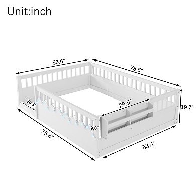 Lufeiya Full Size Montessori Floor Bed Frame with High Guardrails, LED Lights and Storage Shelf
