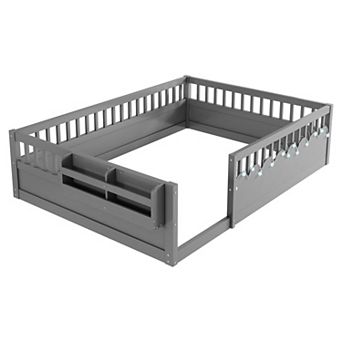 Lufeiya Full Size Montessori Floor Bed Frame with High Guardrails, LED Lights and Storage Shelf