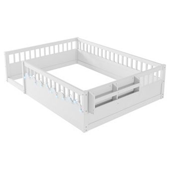 Lufeiya Full Size Montessori Floor Bed Frame with High Guardrails, LED Lights and Storage Shelf