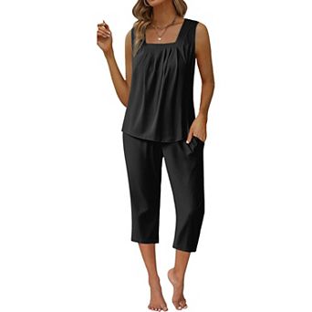 Ekouaer Womens Pajamas Set Square Neck Tops and Capri Pants Lounge Sets Two Piece Summer Outfits