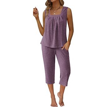 Ekouaer Womens Pajamas Set Square Neck Tops and Capri Pants Lounge Sets Two Piece Summer Outfits