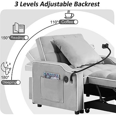 Lufeiya Convertible Sofa Bed Loveseat with Adjustable Backrest Pull Out Sleeper USB Port Holder