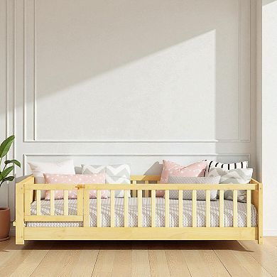 Lufeiya Twin Size Floor Bed with Built-in Book Rack and Door,Rubber Wood,No Spring Box