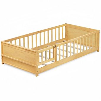 Lufeiya Twin Size Floor Bed with Built-in Book Rack and Door,Rubber Wood,No Spring Box