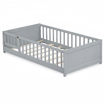 Lufeiya Twin Size Floor Bed with Built-in Book Rack and Door,Rubber Wood,No Spring Box
