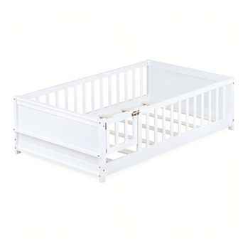 Lufeiya Twin Size Floor Bed with Built-in Book Rack and Door,Rubber Wood,No Spring Box