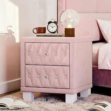 Lufeiya Velvet Nightstand with 2 Drawers, Button Tufted, Crystal Handles