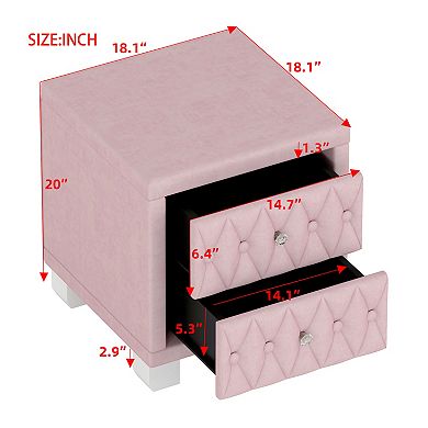 Lufeiya Velvet Nightstand with 2 Drawers, Button Tufted, Crystal Handles