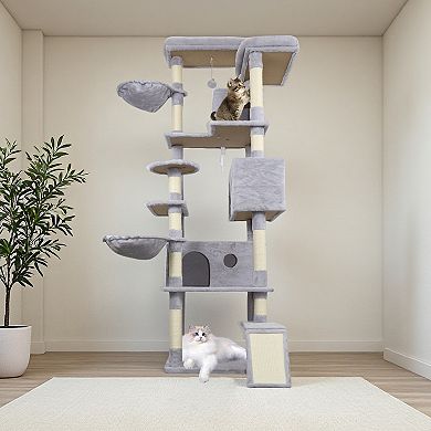 Heybly 84.6 Inch Multi-Level Cat Tree Tower with 3 Large Condos, 2 Hammocks,11 Sisal Scratching Post