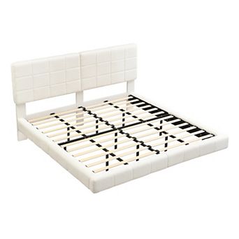 Lufeiya Queen/King Upholstered Platform Bed with Boucle Fabric, Floating Frame and LED Light
