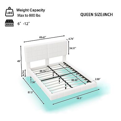 Lufeiya Queen/King Upholstered Platform Bed with Boucle Fabric, Floating Frame and LED Light