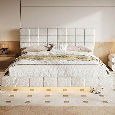 Lufeiya Queen/King Upholstered Platform Bed with Boucle Fabric, Floating Frame and LED Light