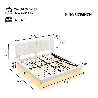 Lufeiya Queen/King Upholstered Platform Bed with Boucle Fabric, Floating Frame and LED Light