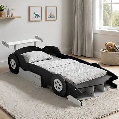 Lufeiya Race Car Platform Bed with Wheels, Twin Kids Bed Frame with Safety Side Rails, Slat Support