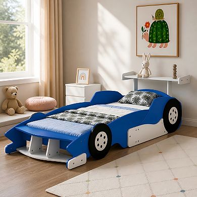 Lufeiya Race Car Platform Bed with Wheels, Twin Kids Bed Frame with Safety Side Rails, Slat Support