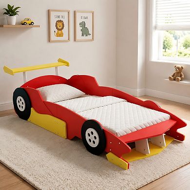 Lufeiya Race Car Platform Bed with Wheels, Twin Kids Bed Frame with Safety Side Rails, Slat Support
