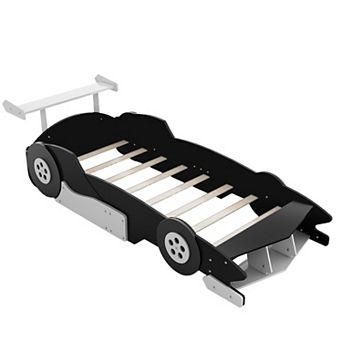 Lufeiya Race Car Platform Bed with Wheels, Twin Kids Bed Frame with Safety Side Rails, Slat Support