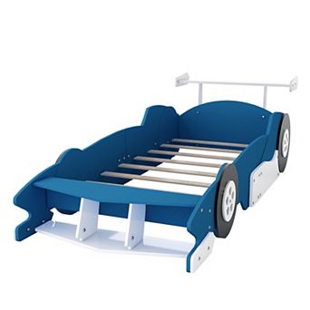 Lufeiya Race Car Platform Bed with Wheels, Twin Kids Bed Frame with Safety Side Rails, Slat Support
