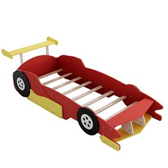 Lufeiya Race Car Platform Bed with Wheels, Twin Kids Bed Frame with Safety Side Rails, Slat Support