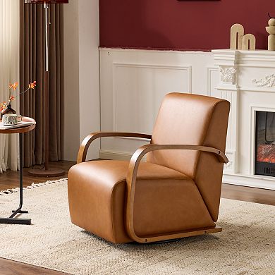 Heybly 360° Swivel Accent Chair with Solid Wood Arms, Upholstered Linen Blend and Cushion