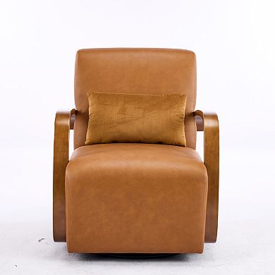 Heybly 360° Swivel Accent Chair with Solid Wood Arms, Upholstered Linen Blend and Cushion