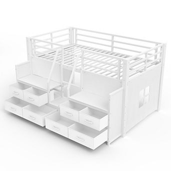 Heybly Twin Low Loft Bed with Storage Shelves & Fabric Drawers, Lights, No Box Spring Needed