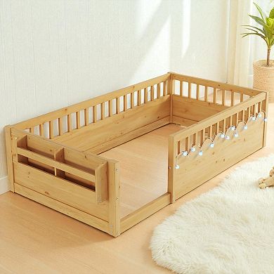 Lufeiya Twin Size Montessori Floor Bed Frame with LED Light, High Rails and Side Storage Shelf