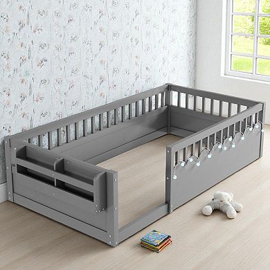 Lufeiya Twin Size Montessori Floor Bed Frame with LED Light, High Rails and Side Storage Shelf