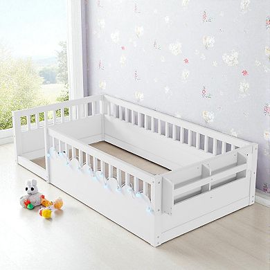 Lufeiya Twin Size Montessori Floor Bed Frame with LED Light, High Rails and Side Storage Shelf