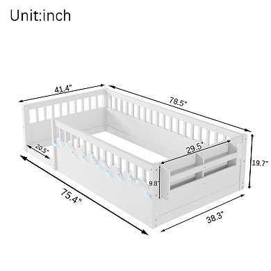 Lufeiya Twin Size Montessori Floor Bed Frame with LED Light, High Rails and Side Storage Shelf