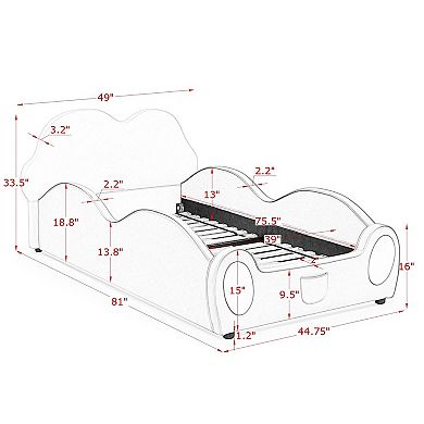 Lufeiya Twin Size Cloud Shape Kids Bed with Guardrails,Upholstered PU Leather,Storage Pocket