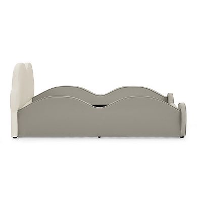 Lufeiya Twin Size Cloud Shape Kids Bed with Guardrails,Upholstered PU Leather,Storage Pocket