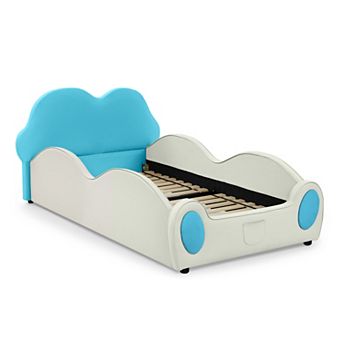 Lufeiya Twin Size Cloud Shape Kids Bed with Guardrails,Upholstered PU Leather,Storage Pocket