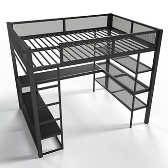Heybly Queen Loft Bed with Desk, Storage Shelves and Clothes Hanging Rod, Metal Space Saving