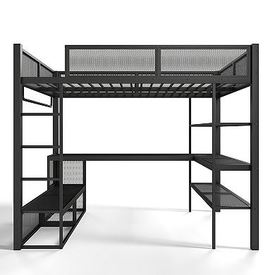 Heybly Queen Loft Bed with Desk, Storage Shelves and Clothes Hanging Rod, Metal Space Saving