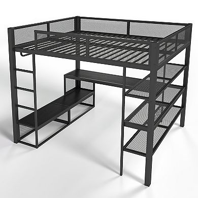 Heybly Queen Loft Bed with Desk, Storage Shelves and Clothes Hanging Rod, Metal Space Saving