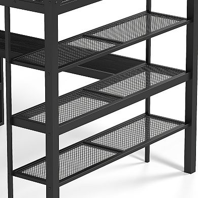 Heybly Queen Loft Bed with Desk, Storage Shelves and Clothes Hanging Rod, Metal Space Saving