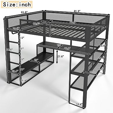 Heybly Queen Loft Bed with Desk, Storage Shelves and Clothes Hanging Rod, Metal Space Saving