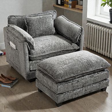 Lufeiya Upholstered Oversized Boucle Single Sofa Chair with Ottoman,Deep Seat