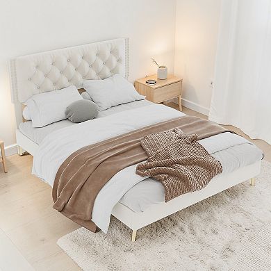 Lufeiya Queen Size Velvet Upholstered Platform Bed with Tufted Headboard, Sturdy Frame