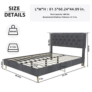 Lufeiya Queen Size Velvet Upholstered Platform Bed with Tufted Headboard, Sturdy Frame