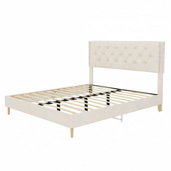 Lufeiya Queen Size Velvet Upholstered Platform Bed with Tufted Headboard, Sturdy Frame