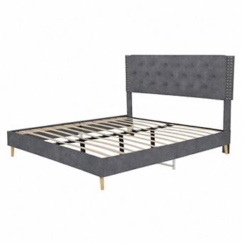 Lufeiya Queen Size Velvet Upholstered Platform Bed with Tufted Headboard, Sturdy Frame