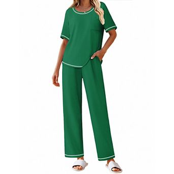 Ekouaer Cotton Pajamas Sets for Women Soft Contrast Piping Lounge Set Two Piece Short Sleeve Pj
