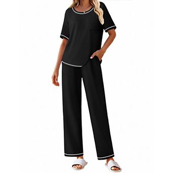 Ekouaer Cotton Pajamas Sets for Women Soft Contrast Piping Lounge Set Two Piece Short Sleeve Pj